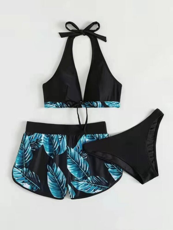 3pcs Leaf Print Bikini With Shorts Fashion Summer Beach Swimsuit Womens Clothing - Image 5