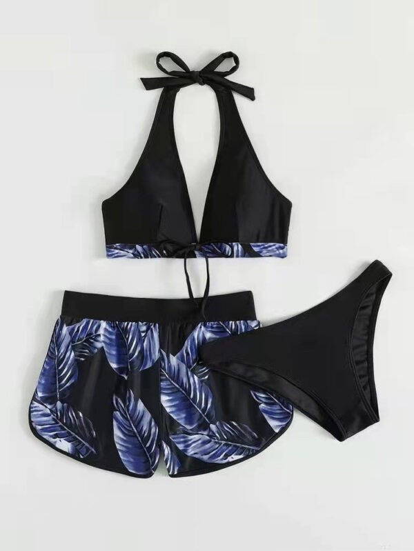 3pcs Leaf Print Bikini With Shorts Fashion Summer Beach Swimsuit Womens Clothing - Image 3