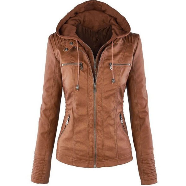 Fashion Detachable Hooded Jacket With Pockets Casual Solid Color Zipper Long Sleeve Leather Coat Autumn Winter Women's Clothing - Image 8