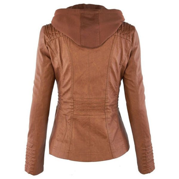 Fashion Detachable Hooded Jacket With Pockets Casual Solid Color Zipper Long Sleeve Leather Coat Autumn Winter Women's Clothing - Image 9