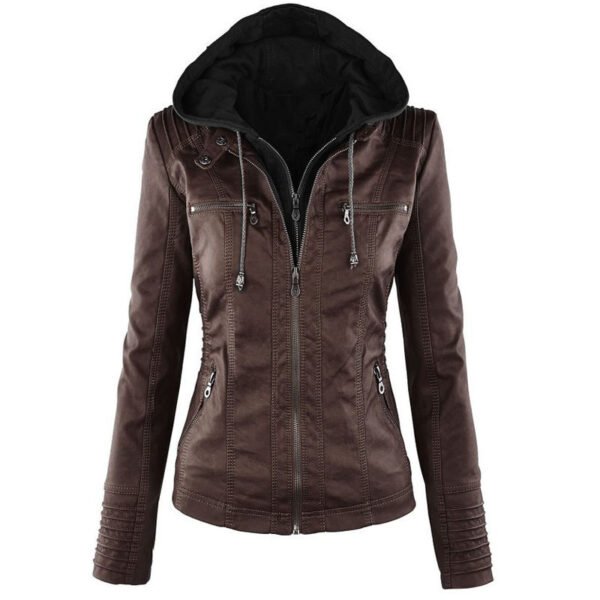 Fashion Detachable Hooded Jacket With Pockets Casual Solid Color Zipper Long Sleeve Leather Coat Autumn Winter Women's Clothing - Image 4