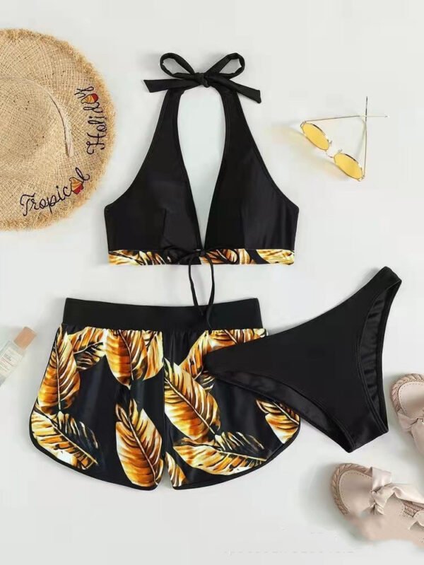 3pcs Leaf Print Bikini With Shorts Fashion Summer Beach Swimsuit Womens Clothing - Image 4