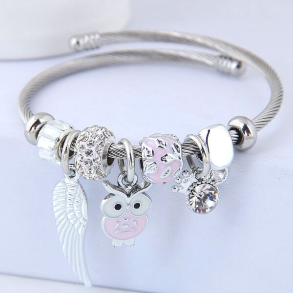 DIY Beaded Owl Angel Wings Pendant Stainless Steel Bracelet - Image 2